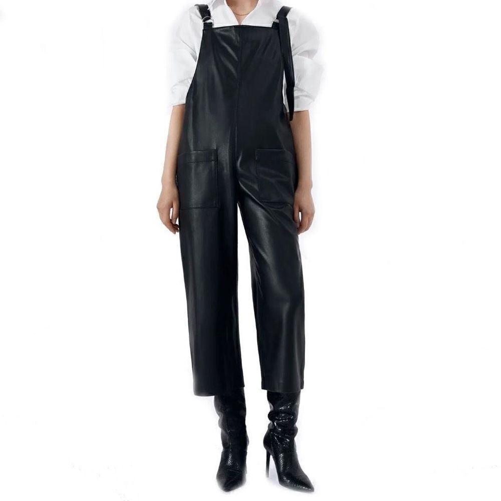 Zara Faux Leather Black Cropped Overalls Size Small